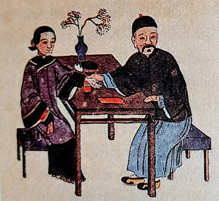 TCM doctor & patient Qing Dynasty. This picture portrays how important it is to look at each individual patient to help heal them and keep them healthy.